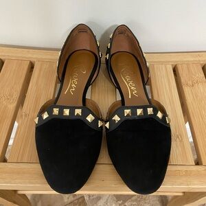 Rowen Black Suede Flats with Gold Pyramid Studs